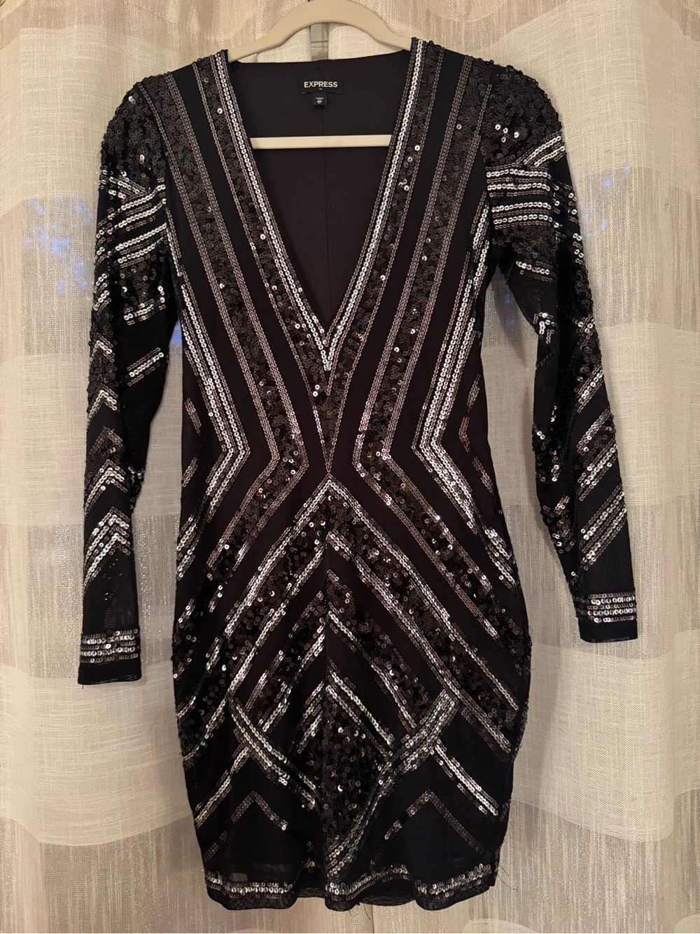 Express Black and Silver Sequin V-Neck Long Sleeve Sheath Dress